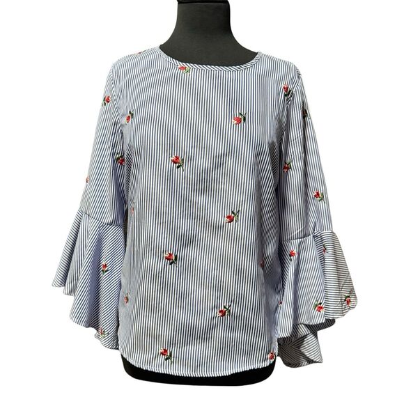 Kontrol Contemporary Blue White Striped Blouse Medium Bell Sleeve Floral - Picture 1 of 6